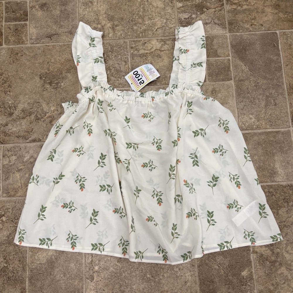 LuLaRoe Daisy Ruffle Strap Tank Top XL Cream Flowers Leafy Boho Preppy BNWT